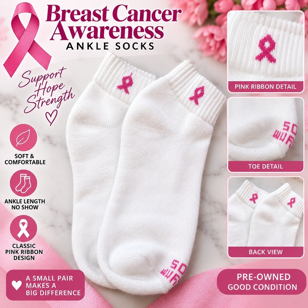 Breast Cancer Awareness Ankle Socks White Pink Ribbon Support Strength Hope
